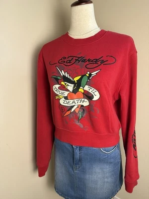 Camiseta moletom Ed Hardy feminina grande True Til Death cropped pequena gola redonda cereja - Imagem 1 de 4