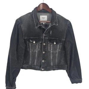 Vervet LA Denim Jacket Womens L Black Distressed Button Front Cropped Jean - Picture 1 of 6