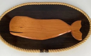 Folk Art Whale Hand Carved Wood Carving On Plank Rope Detail Marked PJ OOAK - Picture 1 of 15