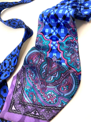 GIANNI VERSACE VINTAGE AÑOS 90 PAISLEY ARABESCO TIE GRID GEOMETRÍA ITALIA AZUL - Imagen 1 de 4