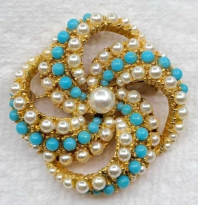 VTG Arthur Pepper signed ART Faux Pearls & Turquoise Cabochons Brooch Excellent - Picture 1 of 5
