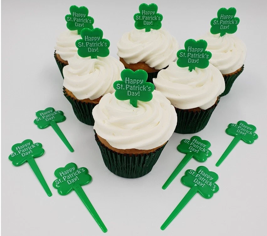 24 x  Shamrock Cupcake Toppers Picks St. Patrick's Day Green Plastic Reusable - Image 1 of 1
