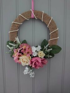 Rustic Hessian Wrapped Wreath With Silk Flowers