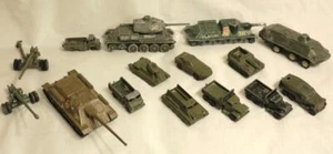 USSR VINTAGE TOY SET OF 15 MILITARY EQUIPMENT METAL TANK BMP SU-100 T-34 GUN - Picture 1 of 9