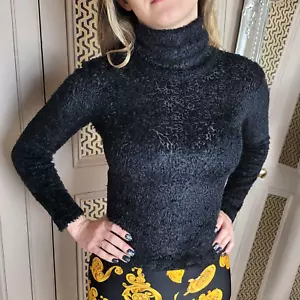 Versace Versus Vintage Black Polo Roll Neck Top Jersey Blouse Mesh IT 38 UK 6 XS - Picture 1 of 17