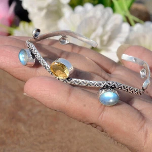 Labradorite Citrine Cut Gemstone 925 Sterling Silver Bangle Cuff For Sister Gift - Picture 1 of 9