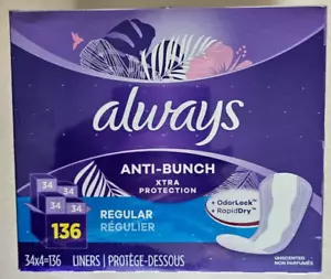 Always Anti-Bunch Xtra Protection Daily Liners Regular Unscented 136 ct NEW - Picture 1 of 4
