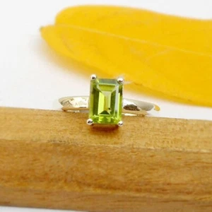 Emerald Cut Natural Green Peridot Gemstone 925 Sterling Silver Ring BirthdayGift - Picture 1 of 10