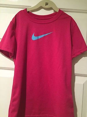 Nike Dri-Fit Pink Running / Tennis SS T-Shirt w/blue logo -Girls Sz M (10) -EUC - Image 1 of 4
