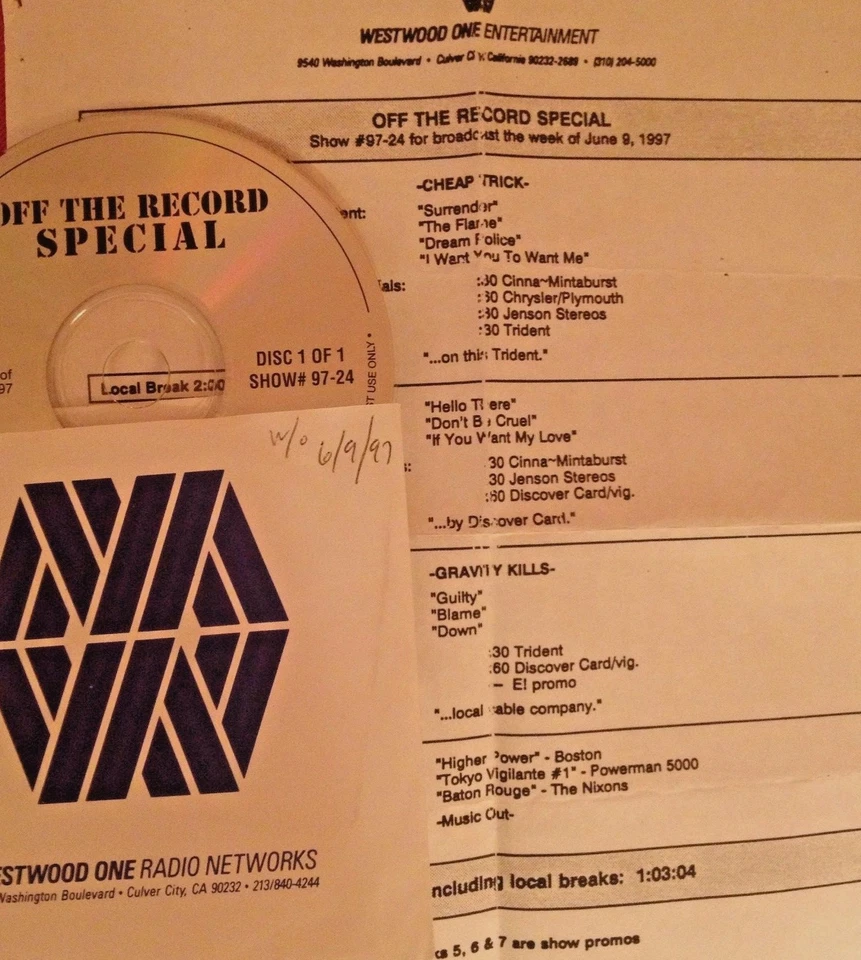 RADIO SHOW: OFF THE RECORD SPECIAL 6/9/97 CHEAP TRICK & GRAVITY KILLS FEATURES Foto 1 de 1