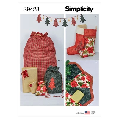 SIMPLICITY 9428 CHRISTMAS ACCESSORIES Sewing Pattern STOCKING TREE SKIRT BAGS - Image 1 of 4