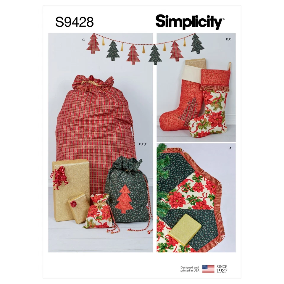 SIMPLICITY 9428 CHRISTMAS ACCESSORIES Sewing Pattern STOCKING TREE SKIRT BAGS - Image 1 of 4