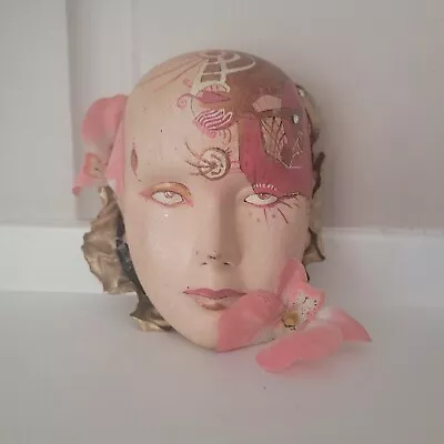 Vintage Signed Handpainted Mardi Gras Ceramic Art Wall Mask Pink's Dove '91 - Image 1 of 4