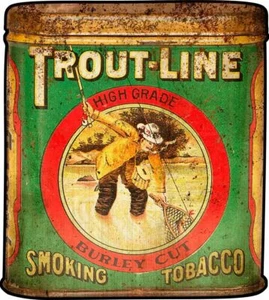 LETRERO PUBLICITARIO DE METAL HECHO EN EE. UU. TRUCHA FUMAR TABACO HOMBRE PECES TRABAJO PESADO - Imagen 1 de 1