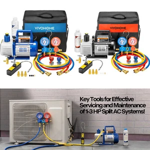 AC Manifold Gauge set Combo 1/3 HP 4CFM Air Vacuum Pump HVAC + R134A Kit AC A/C - Picture 1 of 24