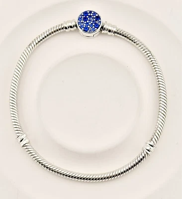 New Genuine Pandora Moments Sparkling Blue Disc Clasp Snake Chain Bracelet 20cm - Image 1 of 4