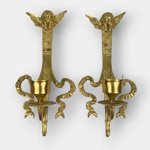 Vintage Brass Cherub Wall Sconces Pair Angel Candle Holders Decorative 14x6.5 - Picture 1 of 11