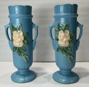 Pair of Weller Art Nouveau Apple Blossom Double-Handled 9½" Tall Blue Vases - Picture 1 of 3