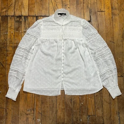 Блузка женская White House Black Market XS белая в горошек кружевная отделка на пуговицах - Изображение 1 из 4