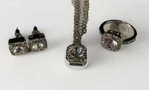Silver Tone Pave CZ Halo Engagement Jewelry Set Necklace+Earring+Ring. New Sz 6 - Picture 1 of 5