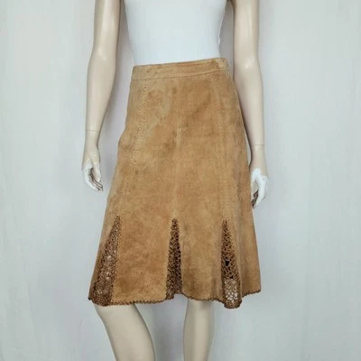 Danier Suede Crochet Flare Panel Skirt Brown S 4 - Image 1 of 4