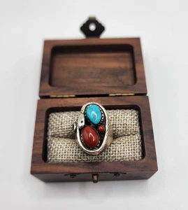 LARGE HEAVY NAVAJO STERLING TURQUOISE CORAL SNAKE RING SIGNED SIZE 7 - Picture 1 of 7