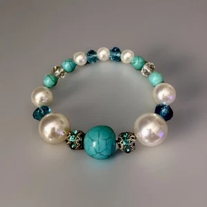 Turquoise & Pearl Bracelet With Blue Crystal & Silver-tone Beads Formal Prom - Picture 1 of 4