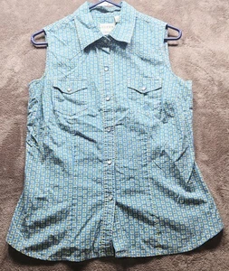 Damen Roper Western blau mehrfarbig ärmellos Perlen Druckknopf Shirt Größe M - Bild 1 von 6