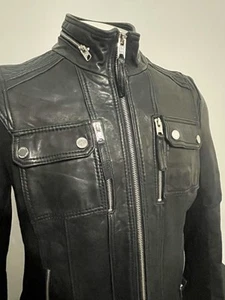 MICHAEL KORS LEATHER MOTO JACKET Cafe Racer Black Sz L Womens Biker Motorcycle - Picture 1 of 7