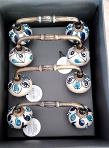 4 X BLUE & WHITE CERAMIC/ BRASS RUSTIC DOOR/DRAWER KNOBS PULL HANDLE 4 DESIGNS - Picture 1 of 6