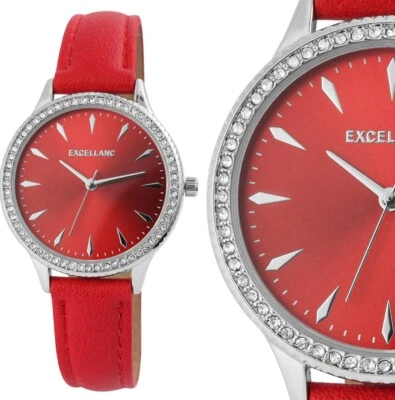 Damenuhr Frauenuhr Quarz Armbanduhr Rot Silber glitzer Steine Kunstleder 19/175 - Bild 1 von 4