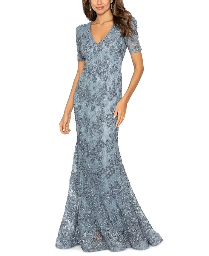 Xscape Formal Occasion Dress Xscape Women's Long Sleeve Lace Midi Dress -  Floral Appliqu, Ivory Long Sleeve Formal Gown