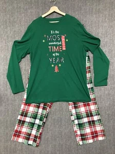 Christmas Pajama Set Mens Large Green Plaid Pants Holiday Long Sleeve - Picture 1 of 12