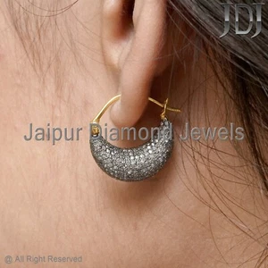 Natural Pave Diamond Hoop 925 Sterling Silver Jewelry Hoop Earring Women Jewelry - Picture 1 of 18