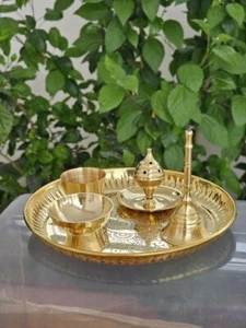 Handcrafted Heavy Brass Pooja Thali Complete Puja Thali Set for Bhog Aarti - Picture 1 of 5