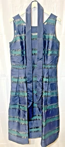 TALBOTS SHEER STRIPE FIT & FLARE DRESS WOMENS 12 NAVY BLUE & GREEN W/ TIE - Picture 1 of 18