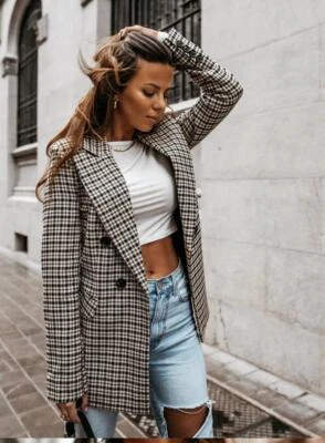Women Casual Fashon Plaid Jacket Double Breasted Wide Lapel Blazer Classic Fit - Image 1 of 4