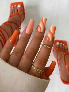 24pcs Long Coffin Orange Solid Wave Line Fake Nail Press On Nails False Nails - Picture 1 of 6