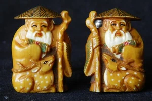 Antique Japanese Jurojin Netsuke Wood Cufflinks Silver Okimono Carving - Picture 1 of 6