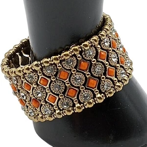 Quality Link Stretch Bracelet Wide Statement Gold Tone Modernistic Clear Orange - Picture 1 of 8
