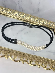 925 Sterling Silver Black Leather Braided Cord Natural Pearl 16" Necklace Gothic - Picture 1 of 17