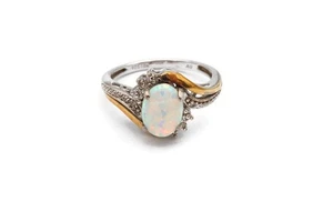Sterling Silver 925 10K Simulated Opal Diamond Ring Size 6.75 - Picture 1 of 13