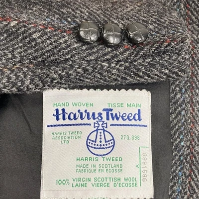 Vintage Harris Tweed Sport Coat Mens 48L Grey Wool Herringbone Red Blue Stripe Foto 1 de 4