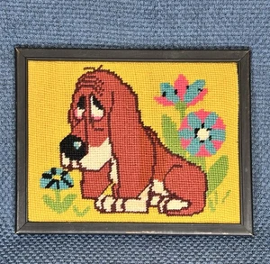 Vintage Hand-Stitched Needlepoint Art Framed Picture Sad Basset Hound Dog 7x9 - Picture 1 of 8