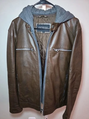 Chaqueta con Capucha GUESS Para Hombre Marrón Imitación Cuero Cremallera Completa Talla Grande Foto 1 de 4