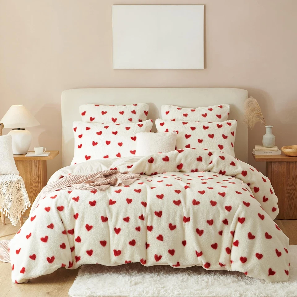 Conjunto de capa de edredom fofa tamanho duplo pele sintética veludo flanela coração vermelho impresso co... - Imagem 1 de 4