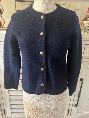 复古 Pendelton Cardigan 女式 100% 羊毛小号海军蓝金色纽扣 — 第 1/4 张图片