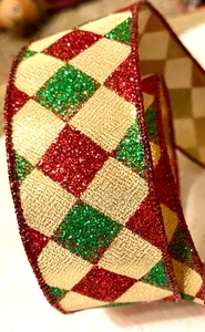 Red And Green Harlequin 1.5" by 2 yd Rich Gold Wired Ribbon Christmas Glitter - Picture 1 of 6