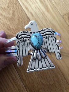 Blau Web Türkis gestempelt Donnervogel Manschette Armband, passt Handgelenkmaß 6,5”-8” - Bild 1 von 6