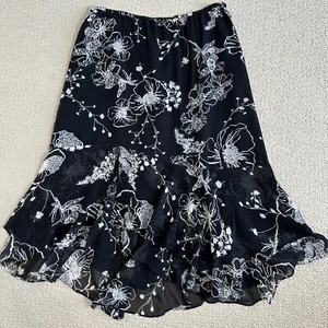 Chicos Ruffle Midi Skirt Womens XL Black White Floral Silk Elastic waist flowy - Picture 1 of 8